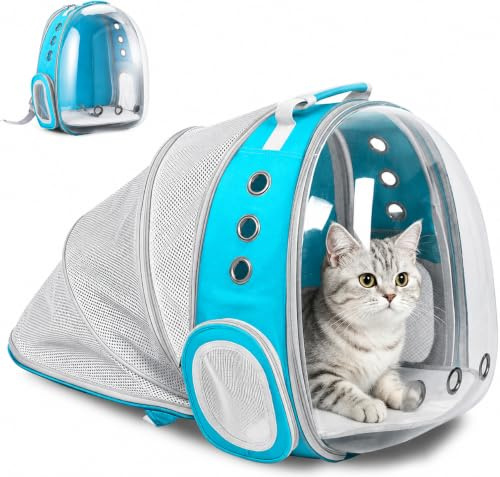 ZHUIYIWIN Cat Carrier Backpack, Expandable Cat Carrier Backpack, Ventilated Cat Bubble Backpack for Pet, Pet Carrier for Travel Hiking Walking Camping (light Blue, Rear Extension)