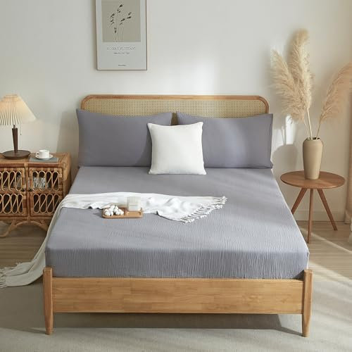 Luofanfei Spannbettlaken 180x200cm Baumwolle Muslin Grau Boxspringbett Frottee Topper Weich Uni Atmungsaktiv Bettlaken für Hohe Matratze bis 25-30 cm