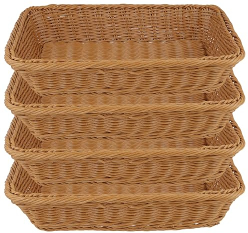 SYUTBOU 4 Cestas de Pan Trenzadas Apilables 35x25x7 cm, Cesta de Plástico Imitación Ratán para Pan Frutas Verduras, Restaurante Hogar Cocina