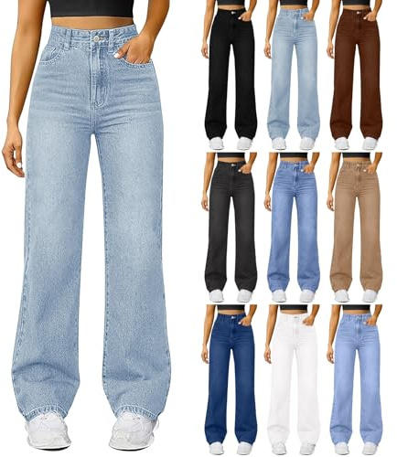 Genérico Vaqueros Mujer Elásticos Cintura Alta Pierna Recta Pantalones Fácil Tallas Grandes Jeans con Bolsillo Pantalón Vaqueros Monocolor Cómodos y Casuales para el Uso Diario Algodón Holgados