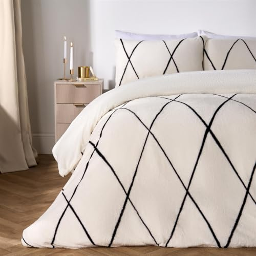 OHS King Size Teddy Fleece Duvet Set, Super Soft Winter Warm Luxurious Diamond Check Duvet Cover King Size Cosy Fluffy Thermal Teddy Bear Bedding with Pillowcases, Monochrome