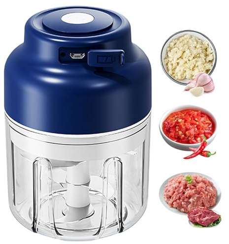 Elektrisk vitlökshackare, 250 ml 4-bladig lossbar USB-laddning Bärbar mini mathackare för vitlök, ingefära, chili, grönsaker, blå.
