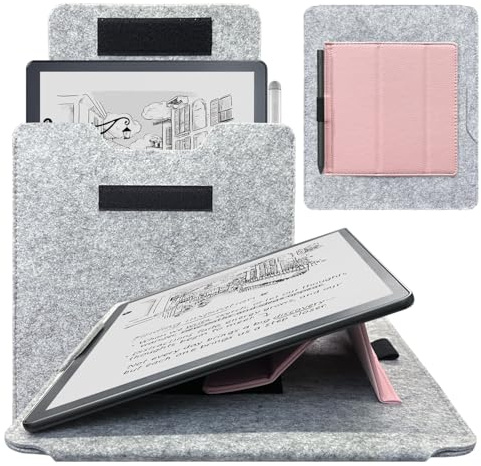 DMluna Tablet Sleeve Bag for Kindle Scribe/Scribe Colorsoft 11 2025 Release, Protective Case Cover with Adjustable Stand Function & Pen Holder, Scratch Resistant, Organization, Grey+Rose
