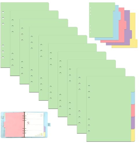50 Hojas Separadores Archivador A5, Separadores A5 para carpetas de anillas, 6 agujeros, 5 colores,para Carpeta, Carpetas de Anillas, Cuadernos, Agendas, planificadores,21 * 15.5cm