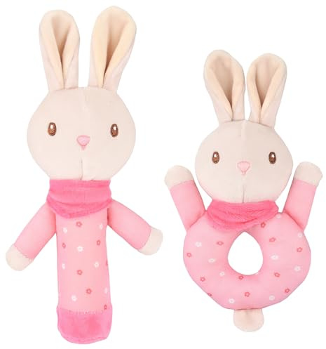 Soft Baby Rattle Toys, 2Pcs Stuffed Animal Rattle Toys(Rabbit), Plush Animal Hand Rattles Toys, Newborn Sensory Toy with Sound for 0-6 Months, Early Educational Newborn Baby Toys (RabbitB)