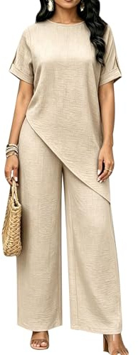 MINTLIMIT Women's 2 Piece Outfits Short Sleeve Irregular Top Wide Leg Long Pants Sets Summer Casual Outfits Matching Sets