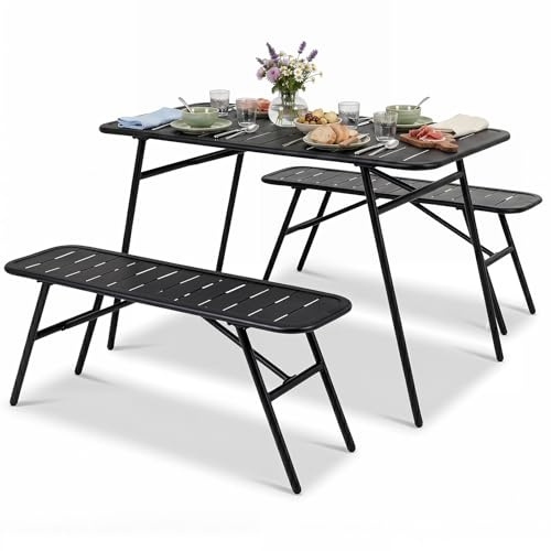 COSTWAY Ölstolsset av metall, 3-delat ölbordsset, 2 x ölbänkar 1 x ölbord, 120 cm festtält-set, campingbordsset, sittmöbler, trädgårdsmöbler för trädgård, terrass och balkong