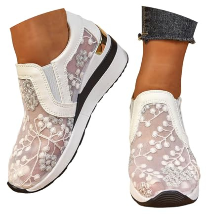 Baskets traditionnelles pour femme - Chaussures de festival Dirndl élégantes - En tissu blanc - Chaussures d'été confortables pour l'été - Avec dentelle blanche - Chaussures festives pour femme