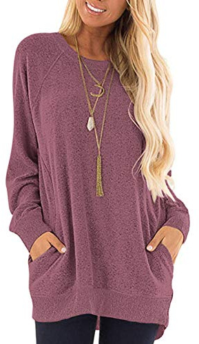 AUSELILY Femmes Manches Longues Tops Col Rond Pulls Décontractés Blouses Lâches Automne Sweats avec Poches Vin Red01 2XL