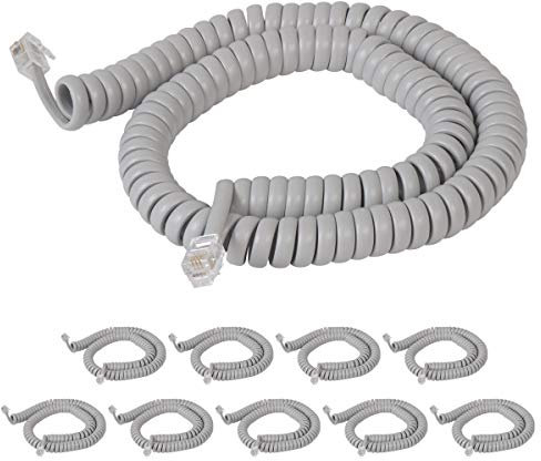Cablesys Gewickelte Telefonhörerkabel für PBX Telefonsysteme, VoIP-Telefone – 3,8 m aufgewickelt, RJ22, 3,8 cm Kabel an beiden Enden, Delfingrau, 10 Stück