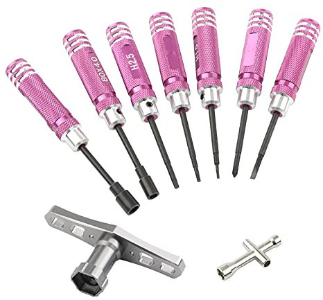 Rchobbytop 9pcs RC Tool Kit for Car Helicopter Airplane Boats Models, H1.5 H2.0 H2.5 4.0 Box 5.0 Box 0+ 1- Screwdrivers 4-Way Cross Wrench Hex 17mm Wheel Hub Nut Driver for 1/8 1/10 RC Car, Pink