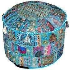 Bohemisk vintage broderad puff ottoman fotpall överdrag indisk rund pall kudde, etnisk broderad puff överdrag kudde etnisk dekor konst (14 x 22 blå)