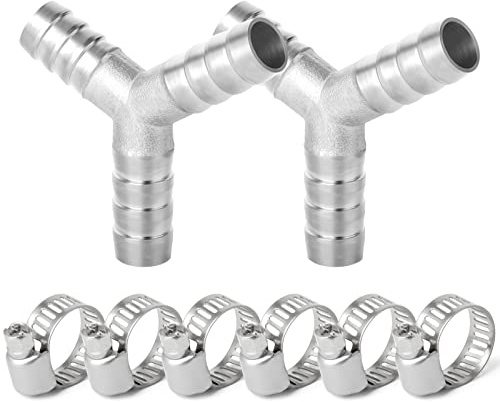 ERGAOBOY 2 stycken 10 mm rostfritt stål slangkoppling T-stycke, 3-vägs Y-formad SUS 304 slangmontering med 6 stycken klämmor