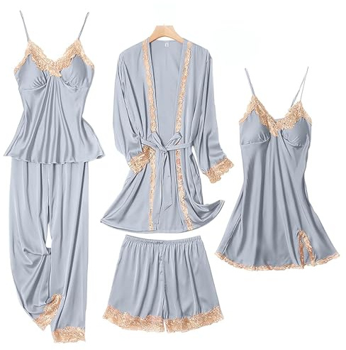 SAPJON Womens Pajama Sets 5PCS Silk Pajamas for women Cute Sleepwear Loungewear Satin Pajamas Sets for Women Soft Grey