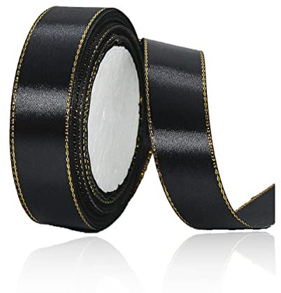 Geschenkband Schwarz 20mm Breit, 23 Meters Goldränder Satinband Schwarz Geschenkbänder Stoff Schleifenband Dekoband zum Geschenkverpackung, Bastelarbeiten, Geburtstag und Hochzeitsdekoration