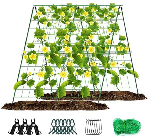 A Frame Support de croissance pour plantes grimpantes, treillage de de jardin de 122 x 122 cm, avec filet d'escalade et clip de support pour plantes, pour plate-bande surélevée, support de