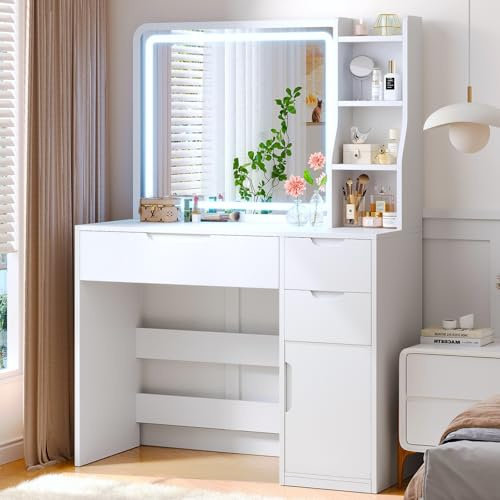 Brinlawb Weißer Schminktisch, Kosmetiktisch mit LED-Beleuchtung & Spiegel - 3 Farbtemperaturen, dimmbar | Schminktisch mit 3 Schubladen, 3 Regalen & Schrank | Weißer Make-up Tisch für Schlafzimmer