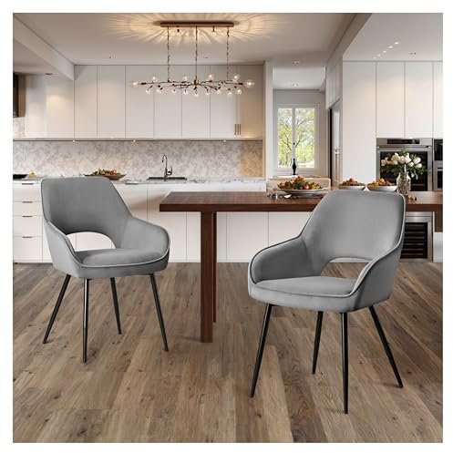 STOOLINK 2er Set Esszimmerstühle Modern, Stühle Esszimmer aus Samtstoff, Küchenstühle mit Armlehnen, Gepolsterter Polsterstühle mit Ausgeschnittener Rückenlehne für Esszimmer, Wohnzimmer - Grau