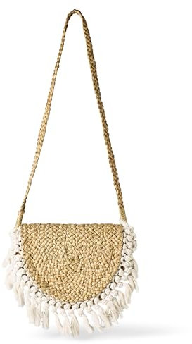 Karmagonia Umhängetasche mit Makramee im Boho Stil - handgemacht und nachhaltig aus Pflanzenfasern - große Strohtasche, geflochtene Basttasche, Crossbody bag für Damen