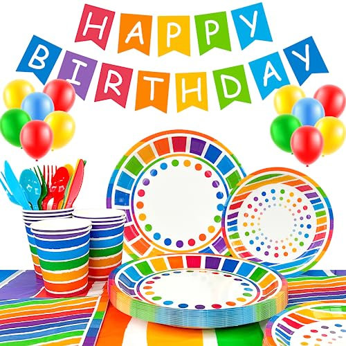 Articles d'Anniversaire Arc-en-ciel,Décorations & Vaisselle de Fête - Set Assiettes, Serviette, Nappe, Ballon Multicolore, Bannière et pour 20 Invites