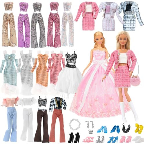 19 Stück Puppe Kleidung und Zubehör für Enthalten 1 Abendkleider 2 Tops und Hosen Casual Outfits 1 Fashion Set 2 Kleider 6 Zubehör 7 Schuhe für 11,5 Zoll Mädchen Puppen Random