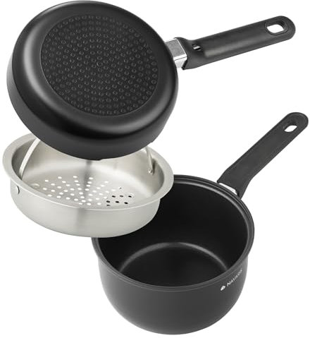 Navaris All-in-One Bratpfanne 3er Set - 19 cm - Keramik -Antihaftbeschichtung - PFAS und PFOA frei - Stielkasserolle und Dampfgarer - Kasserolle mit Deckel - Antihaft Topf klein