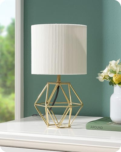 EDISHINE Lámpara de Mesa de Noche con Base de Metal en Forma de Diamante, Pantalla Plisada Color Crema, Bombilla 2700K E14 Incluida, Estilo Industrial, Ideal para Dormitorio, Sala de Estar, Hotel