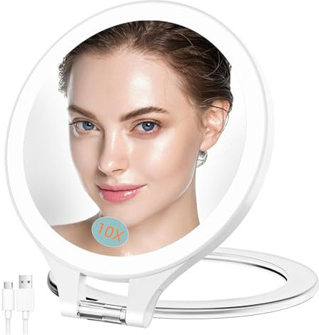 Famihomii Specchio ingranditore 10X/1X, specchio da viaggio ricaricabile, con luce e 3 impostazioni di colore, regolabile, illuminato, portatile, da scrivania (bianco)
