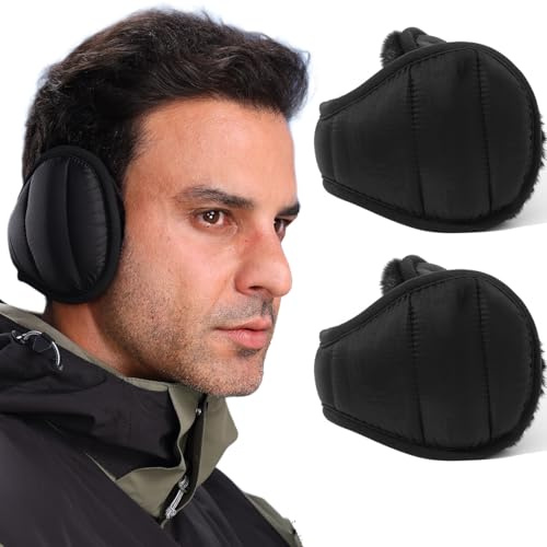 Dwenarry Winter Ear Muffs for Men Women Adjustable Earmuffs Black Behind Head Foldable Ear Warmers for Cold Weather 2 Pack