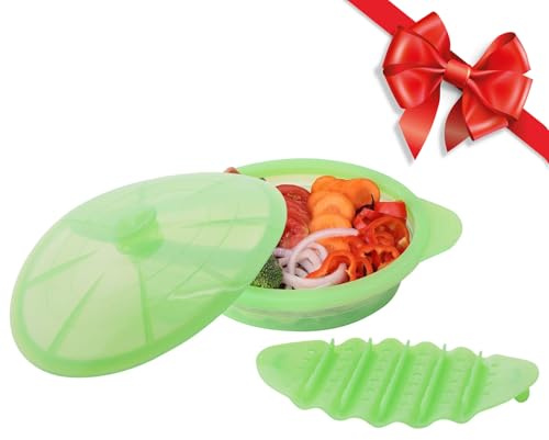 Microwave Steamer Cooker Collapsible Bowl-Silicone Steamer Cookware with Handle Lid for Vegetables Fish Prep Meal Food with Removable Rack BPA Free, Easy to Store, Freezer & Dishwasher Safe, Large
