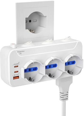 Presa Multipla Salvaspazio,Ciabatta Elettrica Multipresa 6 Posti con Protezione Sovratensione e Interruttore,3 Polivalenti Schuko-Bipasso e 3 Bivalenti Prese IT,Adattatore Tripla,Spina Ita 16A,Bianco
