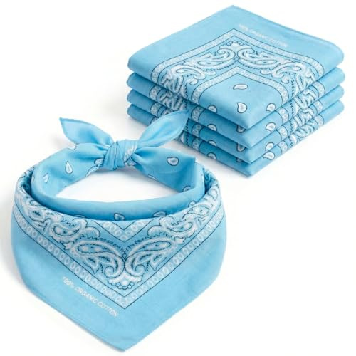 AURAE Bandana Azzurro – 100% Cotone & Fibre Naturali – Foulard Azzurro Senza Poliestere – Alta Qualità, Morbida, Resistente & Lavabile – Bandana Uomo e Donna – Unisex & Bambini - 5 Pack
