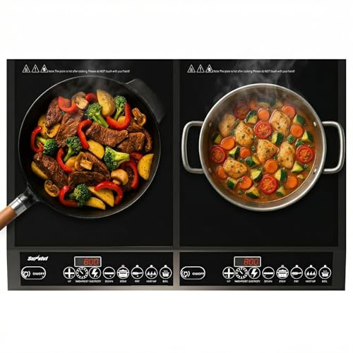 SUNVIVIPRO Commercial Electric Induction Cooktop, 1000W+800W Double Burner, Dual Induction Hot Plate, Professional Countertop Burner Stove with Timer, 8 Power & 8 Temp Setting, LED Screen, Black