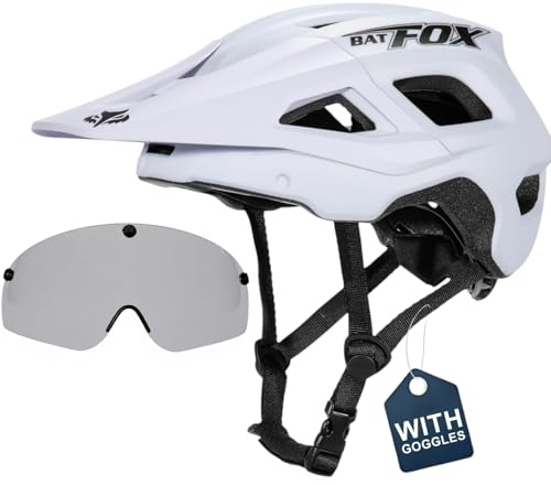 Fahrradhelm Mountainbike-Helm E-Bike-Helm NTA-8776 Zertifiziert mit Schutzbrille und Wiederaufladbares Rücklicht MTB-Fahrradhelm für Erwachsene Herren Damen (Matt weiß, L)