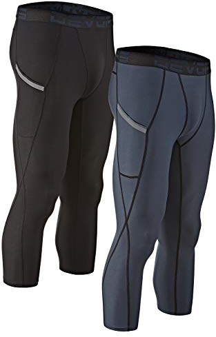 DEVOPS 2 Pack Men's 3/4 Compression Pants Athletic Leggings with Pocket (Medium, Black/Charcoal)