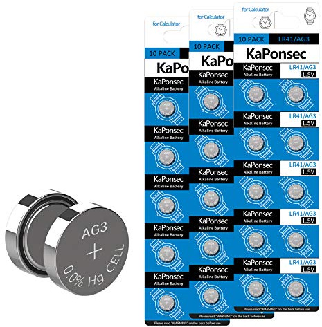 KaPonsec 30PCS LR41 392 384 192 AG3 SR41 1.5V Alkaline Button Coin Cell Battery