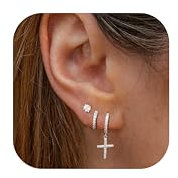 LOLIAS Boucles D'oreilles Plaqué Or 14 Carats pour Homme Femme - Croix CZ Dangle Manchette Percing Cartilage Oreilles Hoop