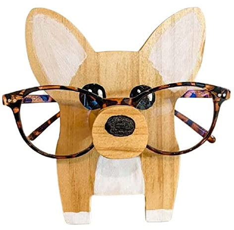 LNJ Brillenhalter Tier - Brillenständer Aus Holz - Lustige Handgeschnitzt Tierform Sonnenbrillenhalter ? Brillenablage - Gläser Display Aufbewahrung Geschenk Für Schreibtisch Home Office Deko (Welpe)