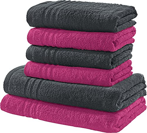 REDBEST Handtuchset, Frottierset New York 2-farbig 6-TLG. Fuchsia-anthrazit - leichte, weiche Qualität, saugstark, sehr strapazierfähig, 100% Baumwolle (weitere Farben)