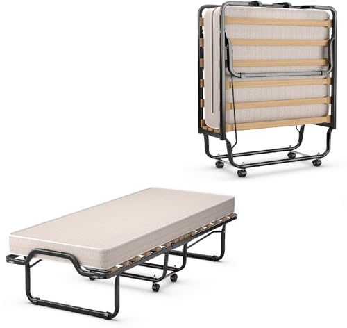 COSTWAY Cama Plegable con Colchón 80X200 cm, Cama Supletoria Plegable con Ruedas, Cama Individual de Invitados con Marco Metálico Resistente y Colchón de Espuma Salón (Beige)