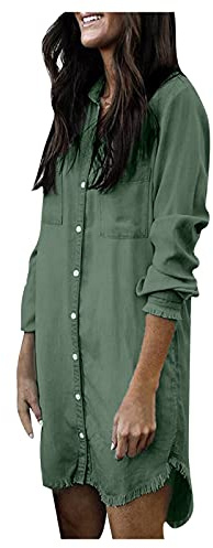 HHMY Jeansklänning dam långärmad knälång oversize blusklänning vintage jeansklänningar sommar jeansskjorta oversize skjortklänning elegant jeansblus skjortklänning jeansklänningar jeansjackor, Grön, M