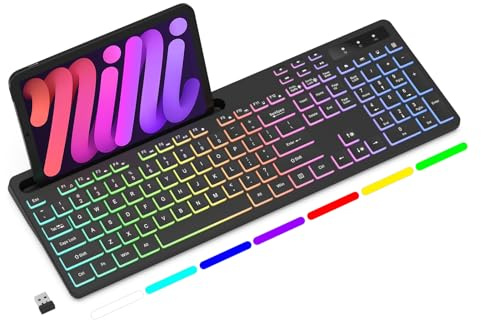 Soueto Wireless Keyboard with RGB Backlit, Phone Holder for Mac/PC, Black