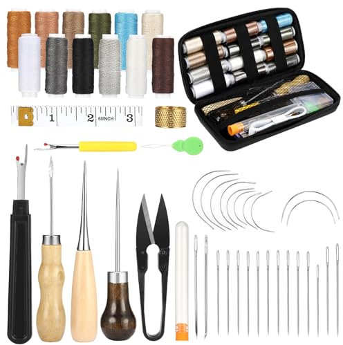 Royouzi 48 Pcs Kit De Costura, Contiene 12 colores de hilo, dedal, aguja de coser, punzón y quitacosturas Kit de costura multifuncional para cuero DIY