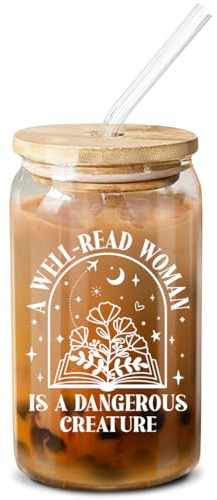 NewEleven Gifts For Book Lovers - Gift For Women - Book Themed Gifts for Readers, Librarians, Bookaholics - Birthday Present For Women, Her, Best Friend – 16 Oz Coffee Glass