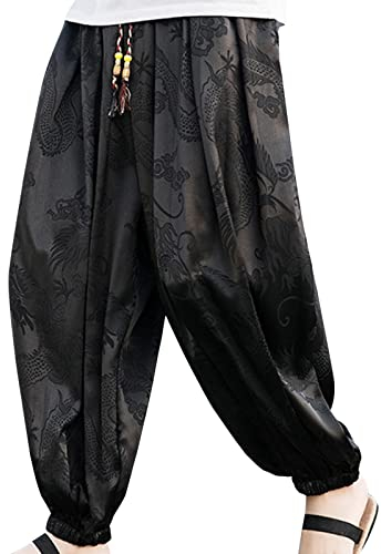 Haremshose Herren Leinenhose Lang Lose Fit Yogahose Leicht Sommer Hosen Taillehosen Aladinhose Herren mit Taschen Strandhose Beach Japan Style Bequeme Sommerhose Luftig Schwarz XXL