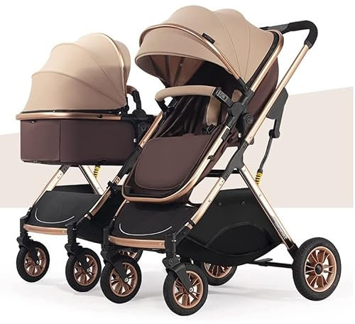 Doppelter Kinderwagen, Zwillingskinderwagen, Kleinkinderkinderwagen for Zwillinge nebeneinander, faltbarer Tandemkinderwagen mit Doppelsitz, faltbarer Hochquerkorb(Color:Gold)