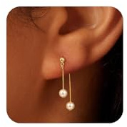 HABIKIP 14K Gold Plated Pearl Earrings for Women Dangling Dangly Dainty Halloween Gifts Drop Earring Trendy Prom Wedding Simple Ear Rings Long Non Tarnish Earings Bride Fashion Jewelry