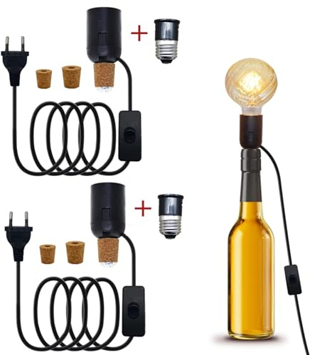 B22 Soporte para Lampara de Botella con Enchufe y Interruptor, E27 Adaptador Bottle Lamp Kit Con dos Adaptador Casquillo E27 a B22, Lámpara de Mesa de Botella para Varios Soportes de Botella