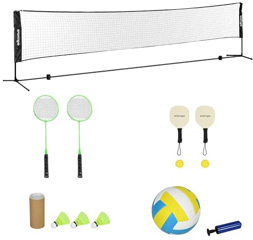 SPORTNOW Set Completo de bádminton, Pickleball y Voleibol, 3 en 1, Juegos Deportivos de Exterior con Red Regulable en Altura 107-155 cm