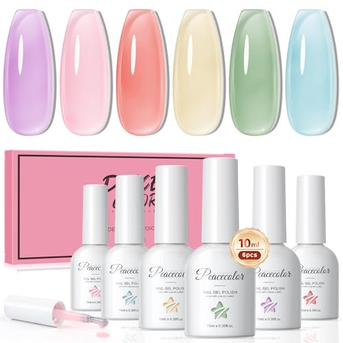 PEACECOLOR Jelly Gel Nail Polish Set- 6 Colors 10ML Rainbow Blue Purple Yellow Pink Green Gel Nail Polish, Translucent Soak off U V LED, Spring Summer Polish Gifts for Women